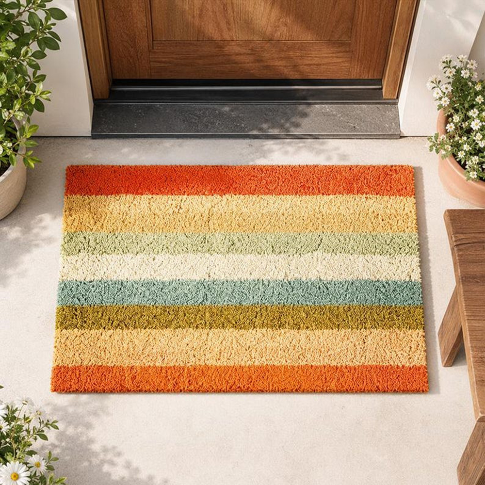 Century Textile & Sewing Supply Hours - Retro Colorful Stripe Doormat Mid Century