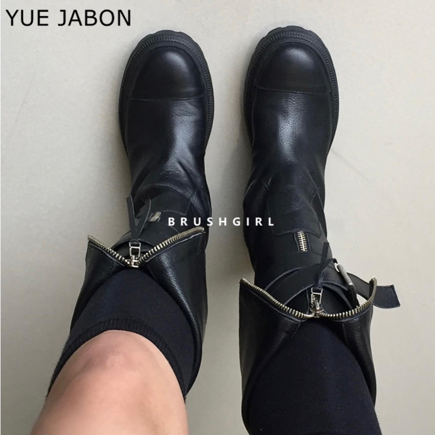 Sewing Front Zipper - Black Genuine Leather Women Boots Winter